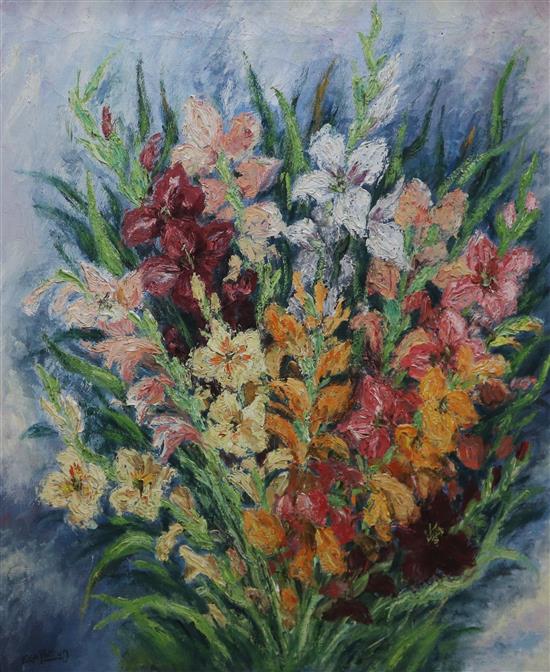 Eva Potron, oil on canvas, still life of gladioli, signed and dated 46, 72 x 59cm